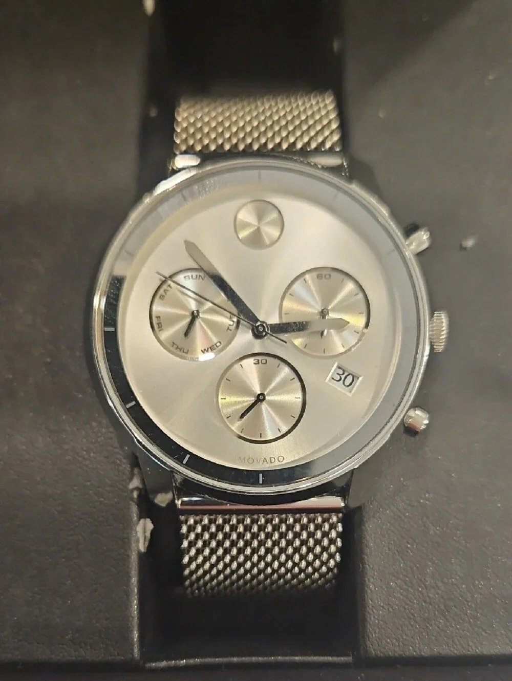 Movado Men’s Bold Black Mesh Bracelet Chronograph with Silver Dial